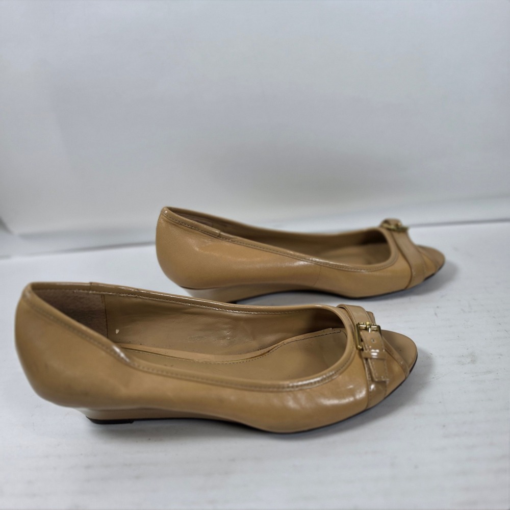 Lauren Ralph Lauren Tan Leather Peep Toe Wedge Heels Buckle Detail Beige Pumps
